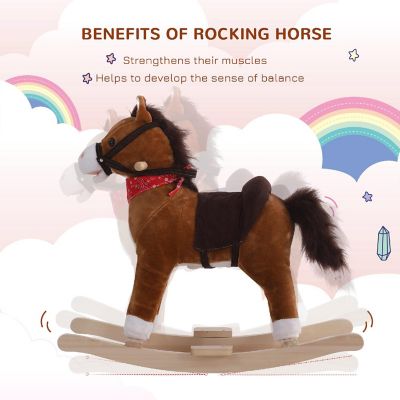 Qaba Kids Ride on Rocking Horse Plush Toy with Realistic Sounds and Red Scarf for Over 3 Years Old Birth Gift Image 3