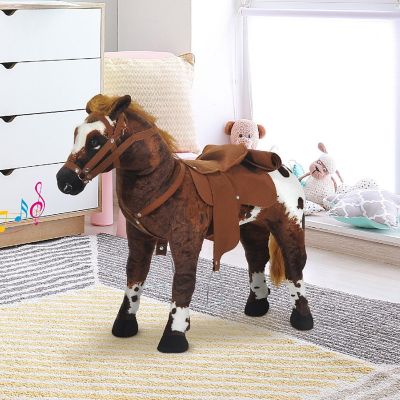 Qaba Kids Standing Ride On Horse Toddler Plush Interactive Toy with Sound  Dark Brown/White Image 2