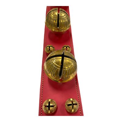 Red Banister Strap and Solid Brass Bells Natural Leather Sleigh Bell Door Hanger Image 1