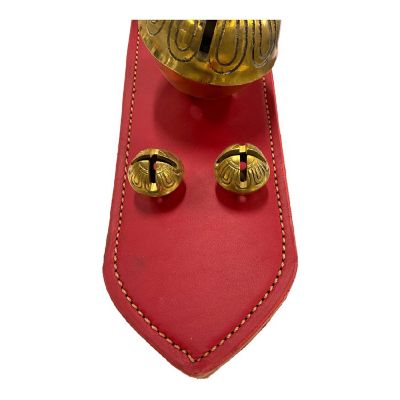 Red Banister Strap and Solid Brass Bells Natural Leather Sleigh Bell Door Hanger Image 2