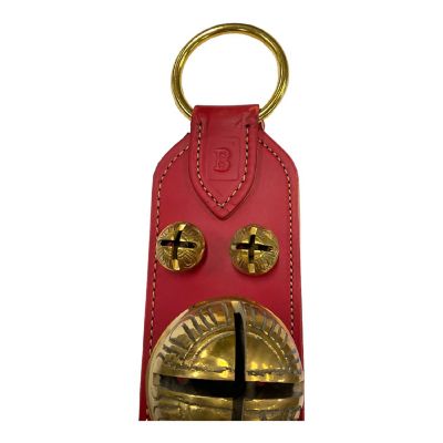 Red Banister Strap and Solid Brass Bells Natural Leather Sleigh Bell Door Hanger Image 3