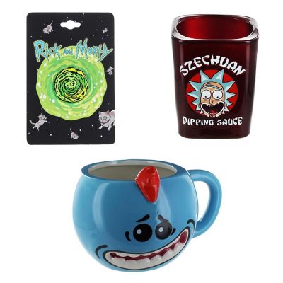 Rick and Morty Portal Pin, Mr. Meeseeks Molded Mug & Szechuan Dipping Sauce Shot Glass Bundle Image 1