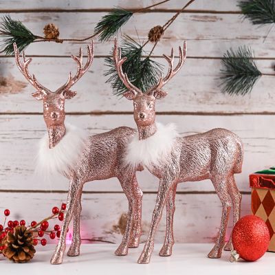 Rose Glitter Christmas Reindeer Holiday Party Deer Rose Gold Figurine Statues Dinner Tabletop Decorations Centerpiece  Pack of 2 Image 2
