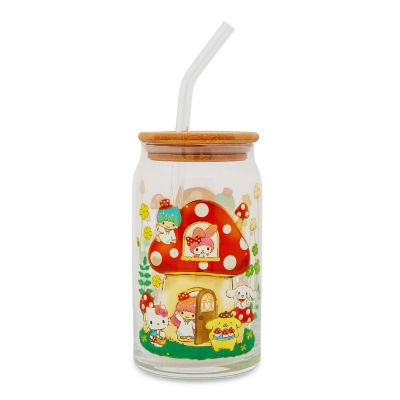 Sanrio Hello Kitty and Friends Mushroom Glass Tumbler With Bamboo Lid and Straw Image 1