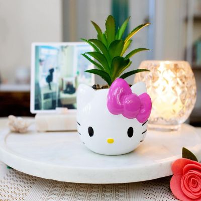 Sanrio Hello Kitty Face 3-Inch Ceramic Mini Planter with Artificial Succulent Image 2