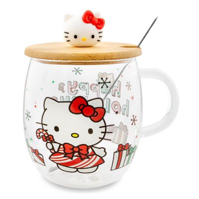 Sanrio Hello Kitty Holiday 17-Ounce Glass Coffee Mug With Lid and Spoon Image 1