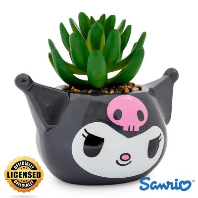 Sanrio Kuromi Smiling Head 3-Inch Ceramic Mini Planter With Artificial Succulent Image 1