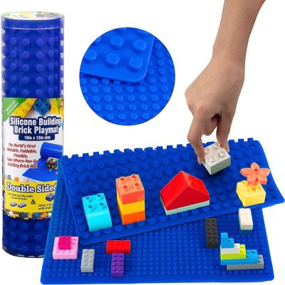 SCS Direct Brick Building Blocks Silicone Playmat - 16" Blue Rollable, Foldable and Portable Two Sided playmat for Activity Tables Image 1