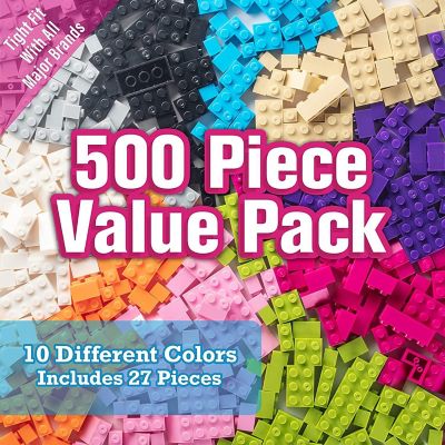SCS Direct Building Block - Pastel Bricks- 500 Pc Set-10 Colors with 27 Roof Pcs - Compatible with All Major Brands- Great for Activity Tables & School Projects Image 1