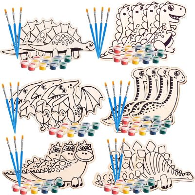 SCS Direct Kids Party Dino Wood Painting Craft Kits (20ct) -Kit includes Brush, Paint, & Figure- Unique Birthday Party Activity, Favors or School Projects Gift Image 1