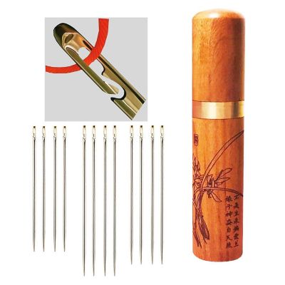 Self-Threading Needles, Needle Threader with Golden Carved Case, Pack of 12 Image 1