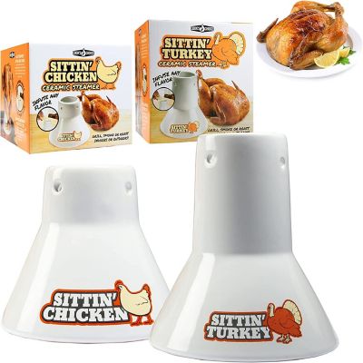 Sittin' Chicken & Turkey Ceramic Beer Can Roaster & Steamer Combo Pack - Non-Stick, Extra-Wide Base Image 1