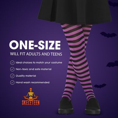 Skeleteen Black and Purple Tights - Striped Nylon Stretch Pantyhose Stocking Accessories for Every Day Attire and Costumes for Teens and Children Image 2
