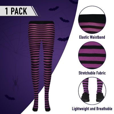 Skeleteen Black and Purple Tights - Striped Nylon Stretch Pantyhose Stocking Accessories for Every Day Attire and Costumes for Teens and Children Image 3