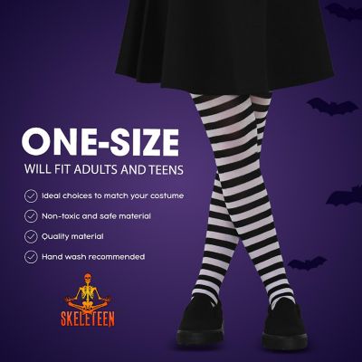 Skeleteen Black and White Tights - Striped Nylon Stretch Pantyhose Stocking Accessories for Every Day Attire and Costumes for Men, Women and Teens Image 3
