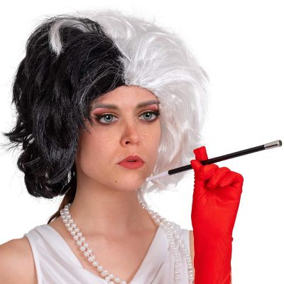 Skeleteen Black and White Wig - Cruel Lady Half and Half Wavy Costume Wig for Adults and Kids Image 1