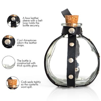 Skeleteen Dark Magic Potion Bottle - Black Wizard Potions Glass Holder with Cork Stopper and Faux Leather Harness with Holster Loop Image 2