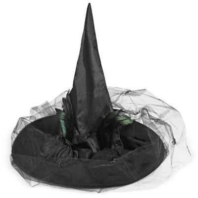Skeleteen Deluxe Pointed Witch Hat - Glamorous Black Witches Accessories Fancy Satin Hat with Bow, Spiders and Black Feathers Image 1