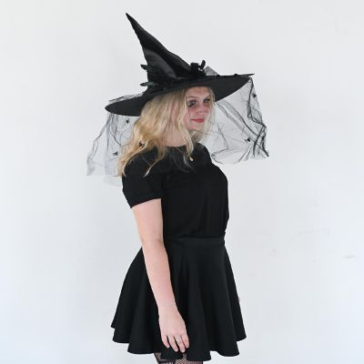 Skeleteen Deluxe Pointed Witch Hat - Glamorous Black Witches Accessories Fancy Satin Hat with Bow, Spiders and Black Feathers Image 1