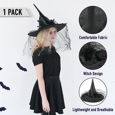 Skeleteen Deluxe Pointed Witch Hat - Glamorous Black Witches Accessories Fancy Satin Hat with Bow, Spiders and Black Feathers Image 3