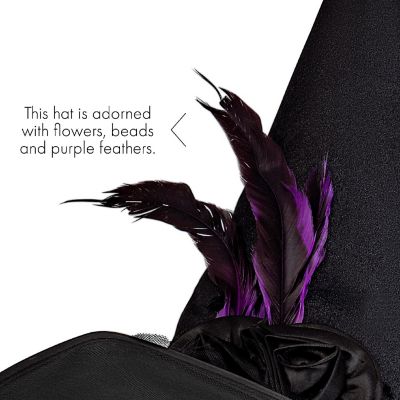 Skeleteen Deluxe Pointed Witch Hat - Glamorous Black Witches Accessories Fancy Velvet Hat with Flowers, Beads and Purple Feathers Image 2