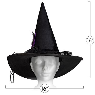 Skeleteen Deluxe Pointed Witch Hat - Glamorous Black Witches Accessories Fancy Velvet Hat with Flowers, Beads and Purple Feathers Image 3
