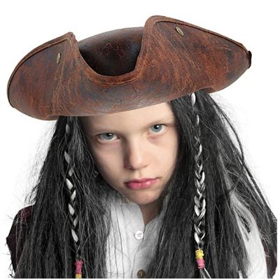 Skeleteen Faux Leather Pirate Hat Brown Distressed Leather Colonial Style 