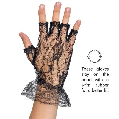 Skeleteen Fingerless Lace Black Gloves - Ladies and Girls Ruffled Lace Finger Free Bridal Wrist Gloves Image 1