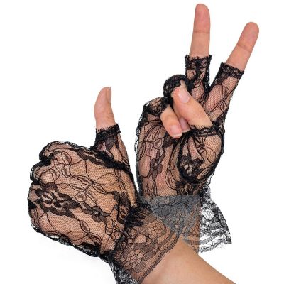 Skeleteen Fingerless Lace Black Gloves - Ladies and Girls Ruffled Lace Finger Free Bridal Wrist Gloves Image 3