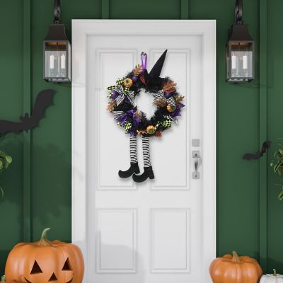 Skeleteen Happy Halloween Witch Wreath - Front Door Hanging Witchy Decorations with Pumpkins, Maple Leaves, Witch Hat and Witch Legs Image 2