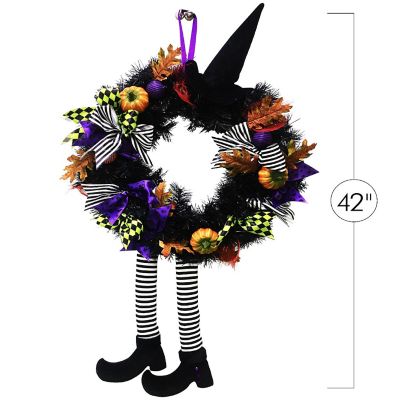 Skeleteen Happy Halloween Witch Wreath - Front Door Hanging Witchy Decorations with Pumpkins, Maple Leaves, Witch Hat and Witch Legs Image 3