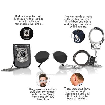 Skeleteen Kids Spy Set Accessories - Cool Spy Gadgets Equipment for Detective Costumes with Sunglasses, Ear Piece, Badge, and Handcuffs Image 2
