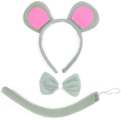 Skeleteen Mouse Costume Accessory Set - Grey and Pink Ears Headband, Bow Tie and Tail Accessories Set for Rat Costume for Toddlers and Kids Image 1