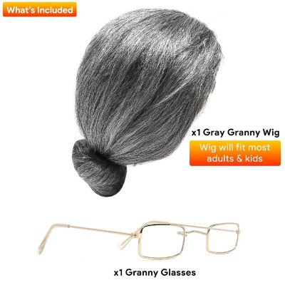 Skeleteen Old Lady Costume Set - Grey Granny Wig and Fake Gold Rectangle Eyeglasses Grandma Set for Women and Girls Image 1