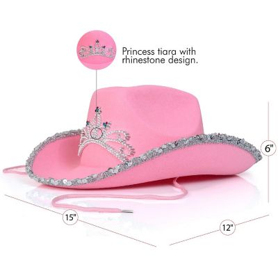 Skeleteen Pink Cowboy Hat - Pink Sequin Cowgirl Princess Hat with Crown Tiara Design Image 1