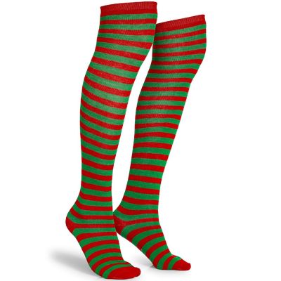 Skeleteen Red and Green Socks - Over The Knee Elf Striped Thigh High Costume Accessories Stockings for Men, Women and Kids Image 1