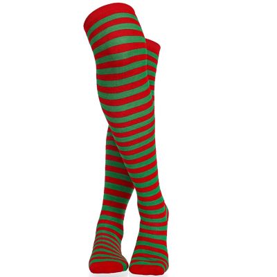 Skeleteen Red and Green Socks - Over The Knee Elf Striped Thigh High Costume Accessories Stockings for Men, Women and Kids Image 3
