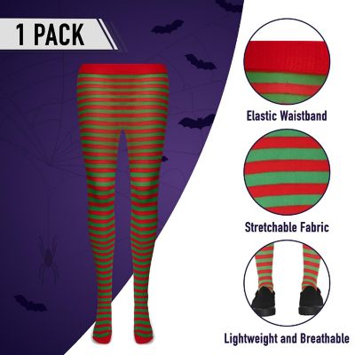 Skeleteen Red and Green Tights - Striped Nylon Christmas Elf Stretch Stocking Accessories for Every Day and Costumes for Men, Women and Teens Image 2
