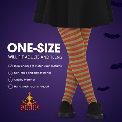 Skeleteen Red and Green Tights - Striped Nylon Christmas Elf Stretch Stocking Accessories for Every Day and Costumes for Men, Women and Teens Image 3