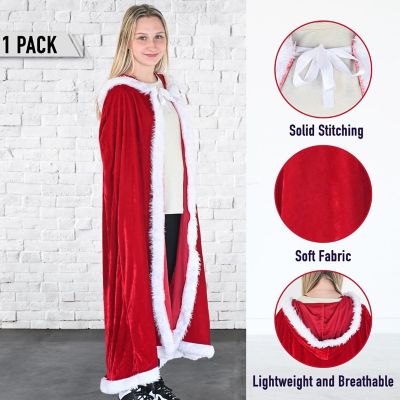 Skeleteen Red Velvet Santa Cape - Long Red Velour Hooded Cloak with White Fur Trimming Image 3