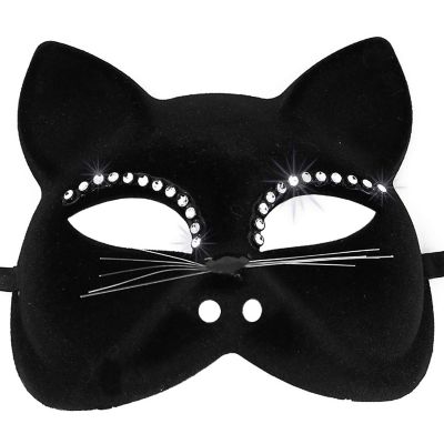 Skeleteen Venetian Black Cat Mask - Masquerade Costume Half Face Eye Mask for Kids and Adults Image 1