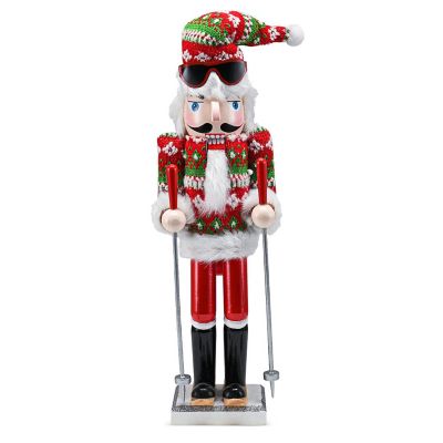 Skier Man Nutcracker  Red and Green Wooden Nutcracker Guy with Ugly Sweater and Ski Sticks Image 1