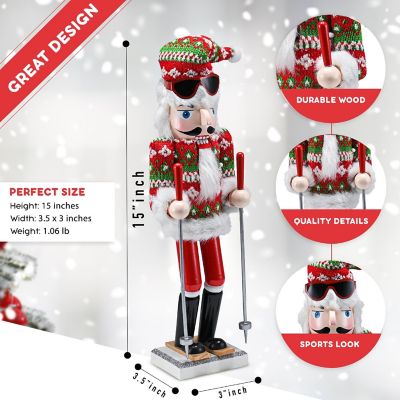 Skier Man Nutcracker  Red and Green Wooden Nutcracker Guy with Ugly Sweater and Ski Sticks Image 1