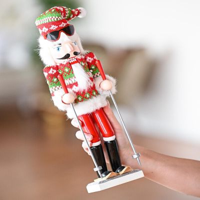 Skier Man Nutcracker  Red and Green Wooden Nutcracker Guy with Ugly Sweater and Ski Sticks Image 3