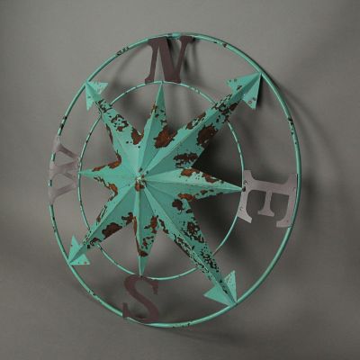 Special T Imports 24 Inch Distressed Turquoise Metal Compass Rose Nautical Wall Decor Hanging Art Image 1