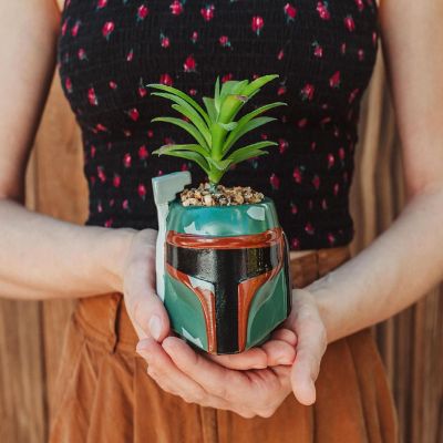 Star Wars Boba Fett Helmet 3-Inch Ceramic Mini Planter With Artificial Succulent Image 2