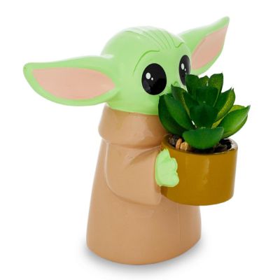 Star Wars: The Mandalorian Grogu Ceramic 4 Inch Mini Planter with Artificial Succulent Image 1