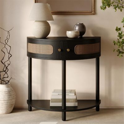 Stead Rattan Half Moon Shaped Entry Table - Cane Console Table, Solid Wood Entryway Table with Two Doors and Brass Knobs Image 1