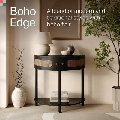 Stead Rattan Half Moon Shaped Entry Table - Cane Console Table, Solid Wood Entryway Table with Two Doors and Brass Knobs Image 1