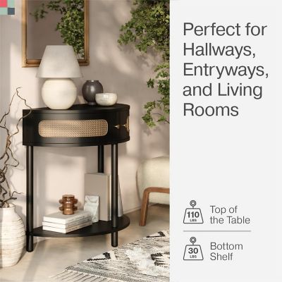 Stead Rattan Half Moon Shaped Entry Table - Cane Console Table, Solid Wood Entryway Table with Two Doors and Brass Knobs Image 2